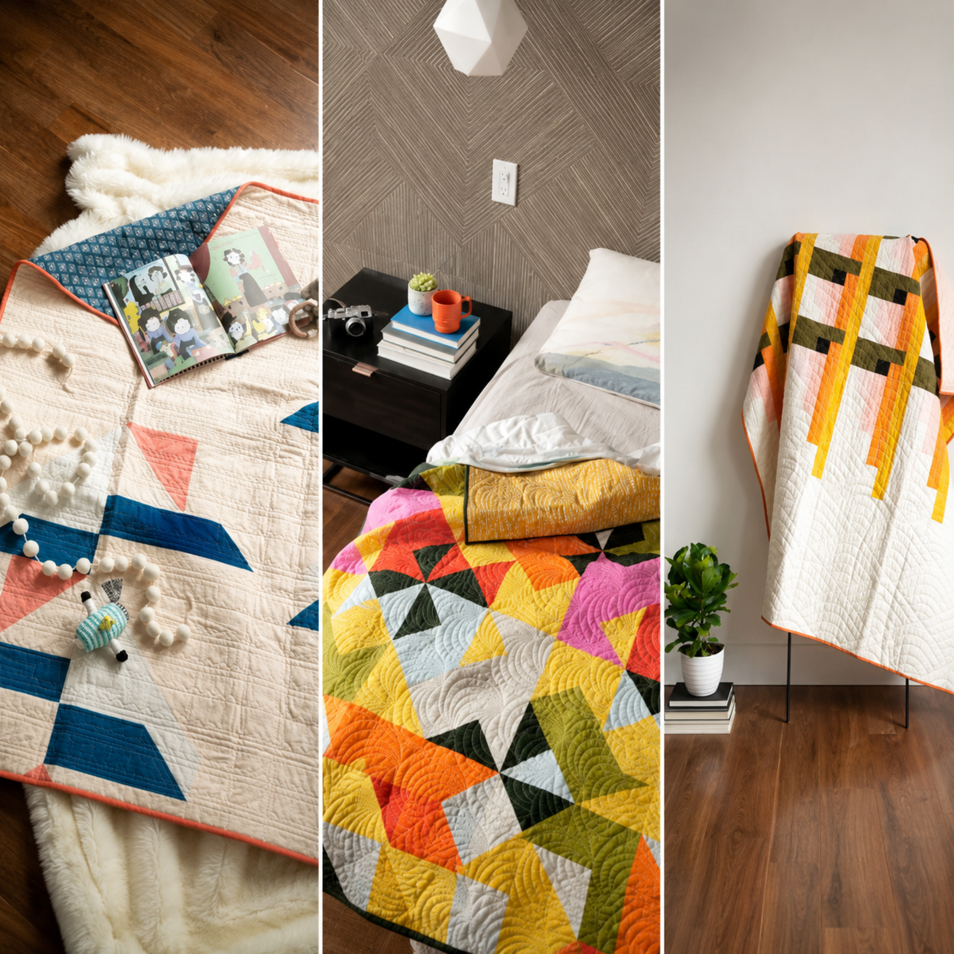 Three modern quilt designs from Urban Quilting Book by Wendy Chow — pink and navy half-square triangle baby quilt with children's toys, bold multicolor pinwheel quilt on bed in modern bedroom, and yellow and olive vertical stripe quilt draped on minimalist rack