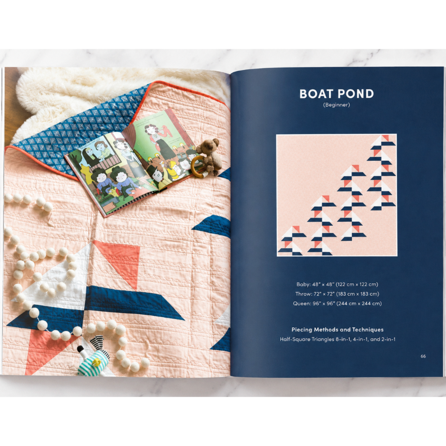 Urban Quilting Book interior showing Boat Pond beginner quilt pattern — half-square triangle design available in baby 48″×48″, throw 72″×72″, and queen 96″×96″ sizes, with lifestyle photo of pink and navy quilt on bed with children's toys