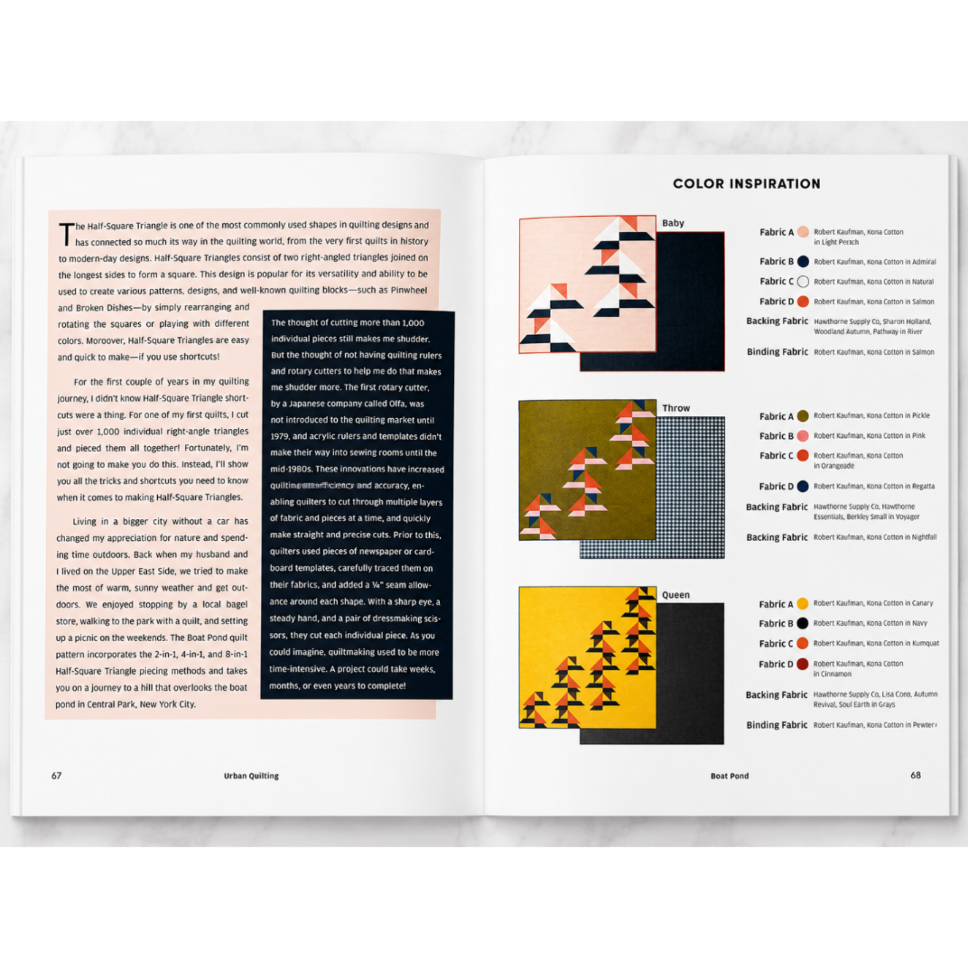 Urban Quilting Book interior showing Boat Pond quilt pattern color inspiration spread with fabric selections for baby, throw, and queen sizes using Robert Kaufman Kona Cotton in Light Peach, Admiral, Natural, Salmon, Pickle, Pink, Orangeade, Canary, Navy, and Kumquat
