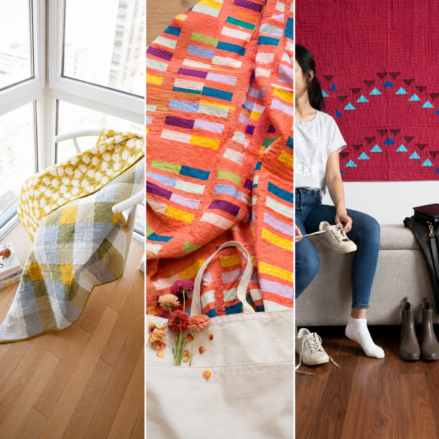 Three modern quilts from Urban Quilting Book by Wendy Chow — yellow geometric lap quilt on chair, colorful brick-pattern quilt with orange sashing, and bold red flying geese wall quilt in contemporary home settings