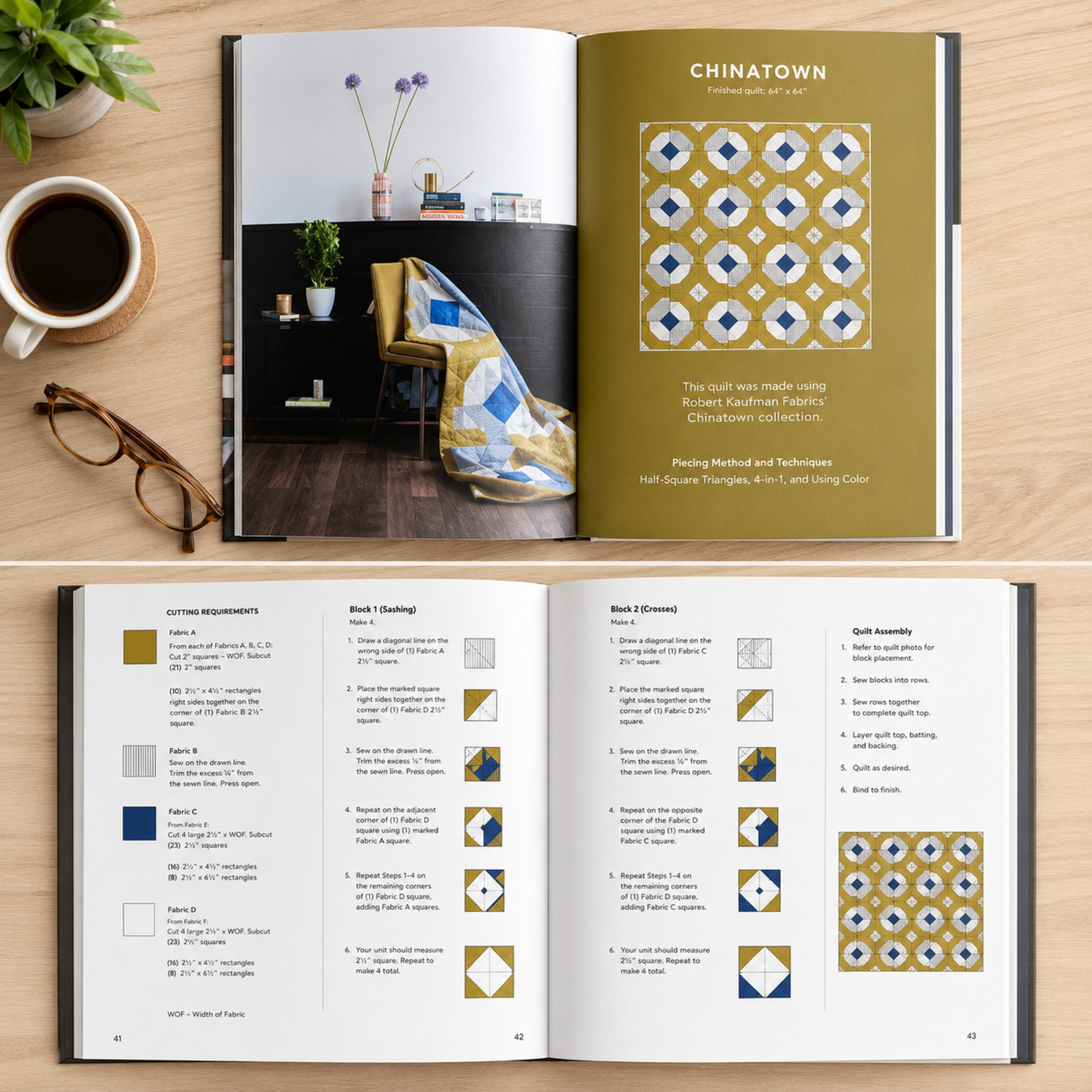 Urban Quilting Book interior showing Chinatown quilt pattern pages with cutting requirements, block assembly instructions, and finished quilt photo — made using Robert Kaufman Fabrics Chinatown collection