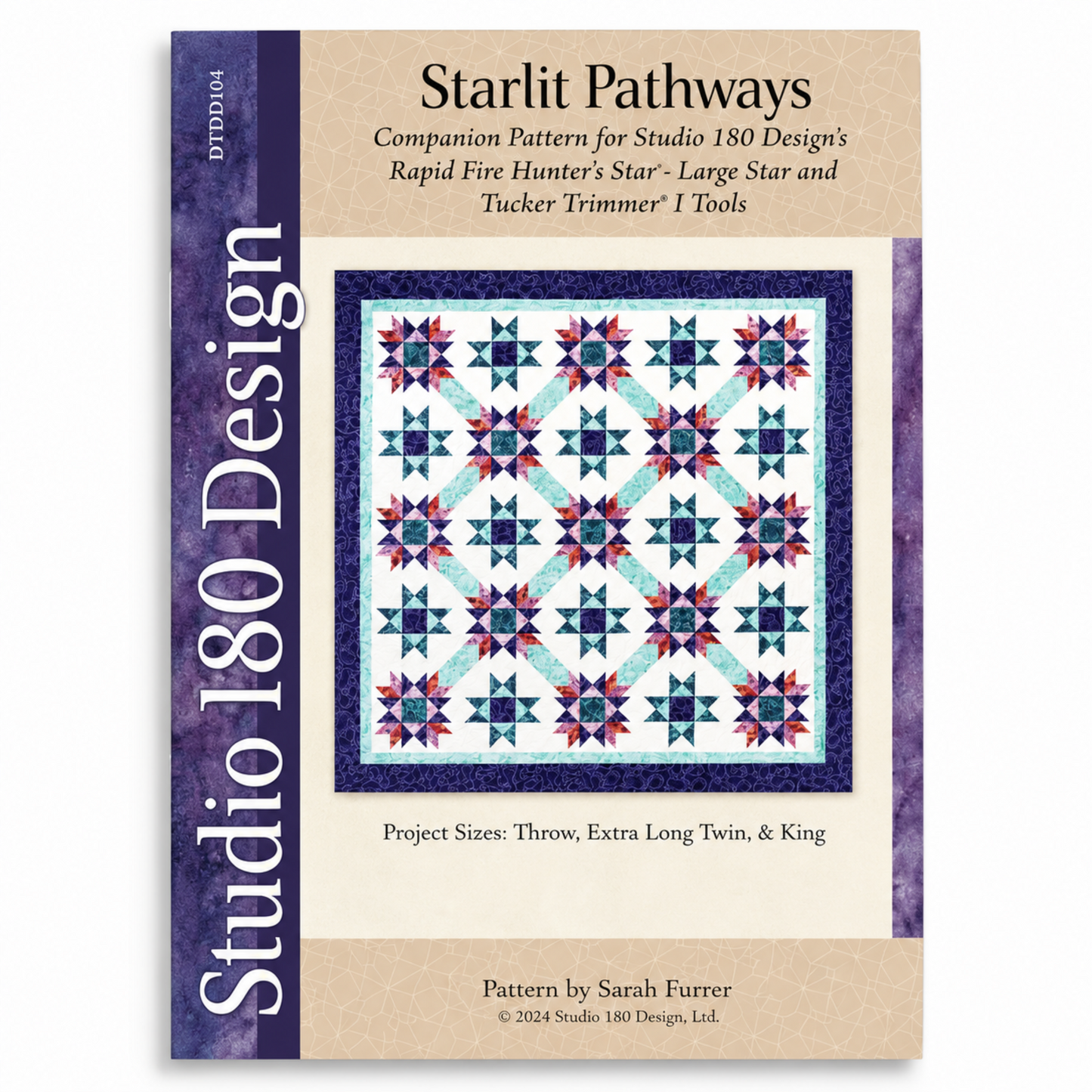 Starlit Pathways quilt pattern DTDD104 by Sarah Furrer for Studio 180 Design — Hunter's Star variation in teal, purple, and red batiks, available in throw, extra long twin, and king sizes — requires Rapid Fire Hunter's Star Large Star and Tucker Trimmer I tools