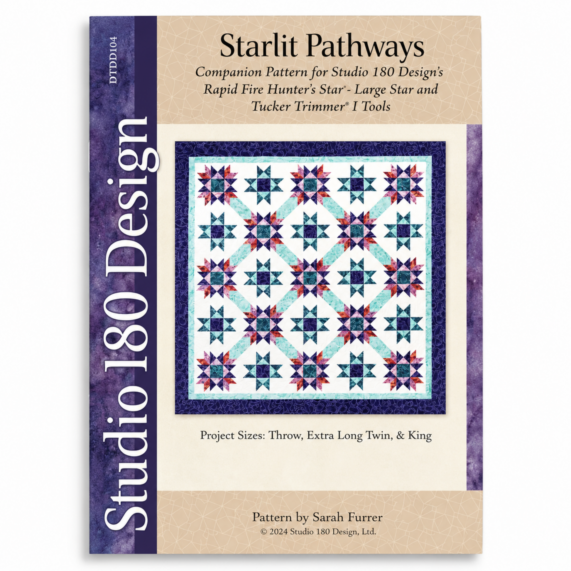 Starlit Pathways quilt pattern DTDD104 by Sarah Furrer for Studio 180 Design — Hunter's Star variation in teal, purple, and red batiks, available in throw, extra long twin, and king sizes — requires Rapid Fire Hunter's Star Large Star and Tucker Trimmer I tools
