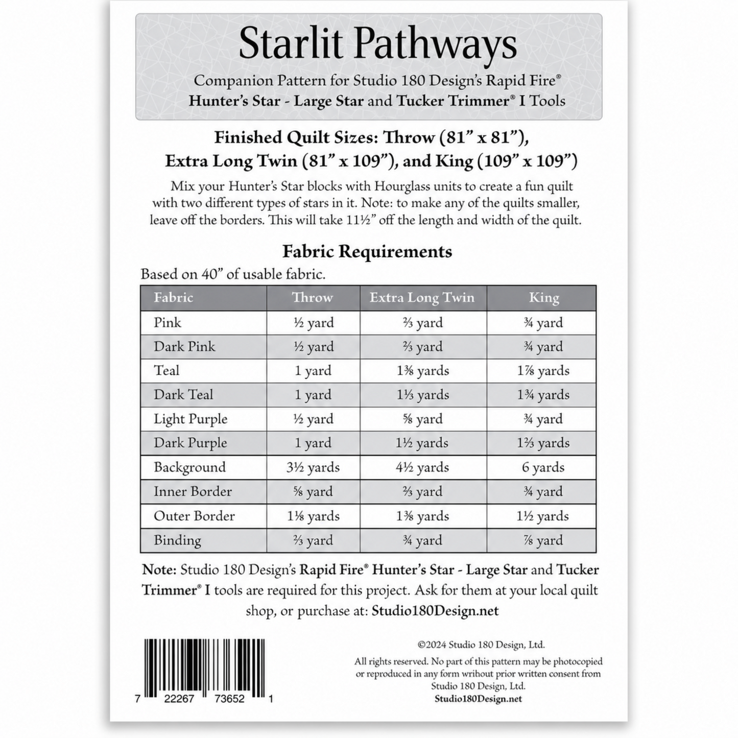 Back of Starlit Pathways quilt pattern DTDD104 by Studio 180 Design showing finished quilt sizes — throw 81″×81″, extra long twin 81″×109″, and king 109″×109″ — with complete fabric requirements table for pink, teal, purple, background, borders, and binding. Requires Rapid Fire Hunter's Star Large Star and Tucker Trimmer I tools.