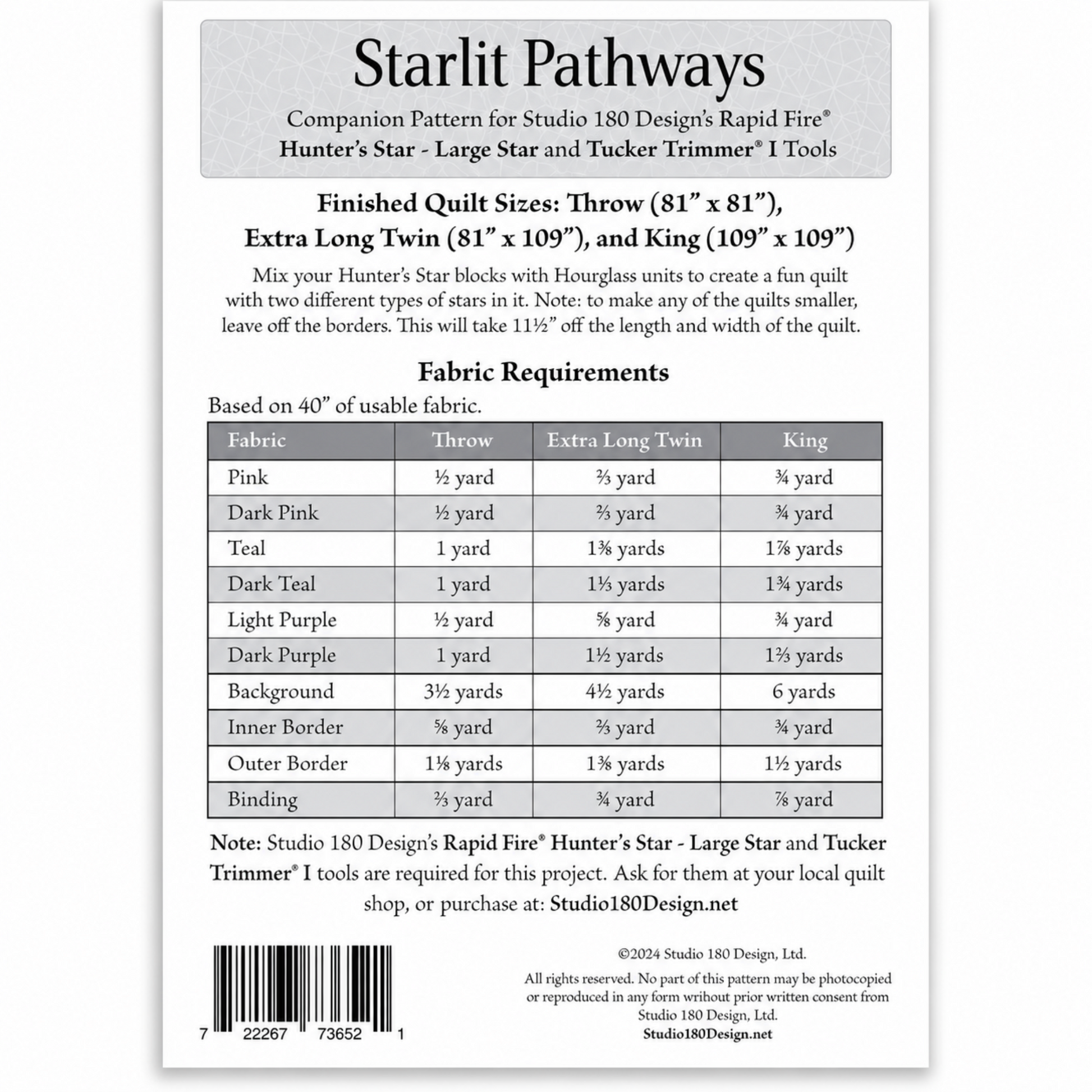 Back of Starlit Pathways quilt pattern DTDD104 by Studio 180 Design showing finished quilt sizes — throw 81″×81″, extra long twin 81″×109″, and king 109″×109″ — with complete fabric requirements table for pink, teal, purple, background, borders, and binding. Requires Rapid Fire Hunter's Star Large Star and Tucker Trimmer I tools.