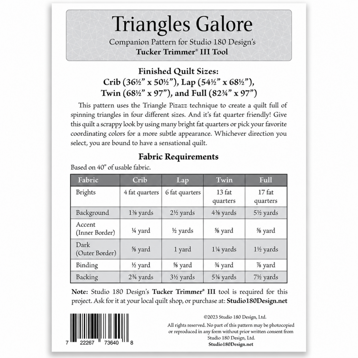 Back of Triangles Galore quilt pattern DTTP102 by Studio 180 Design — finished sizes crib 36½″×50½″, lap 54½″×68½″, twin 68½″×97″, and full 82¾″×97″ — fat quarter friendly Triangle Pizazz technique with fabric requirements table for brights, background, borders, binding, and backing — requires Tucker Trimmer III tool