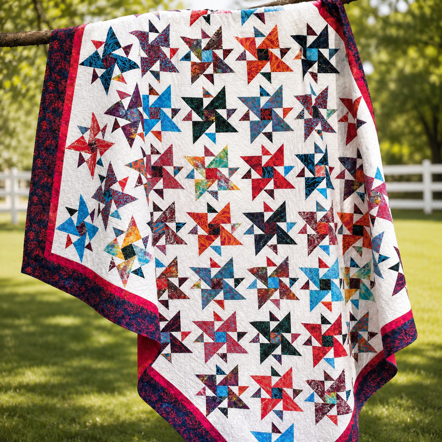 Triangles Galore finished quilt from Studio 180 Design draped over tree branch outdoors — scrappy spinning triangle blocks in multicolor batiks including red, teal, blue, orange, and purple on white background with raspberry inner border and dark navy floral outer border — lap size made with fat quarters using Tucker Trimmer III tool