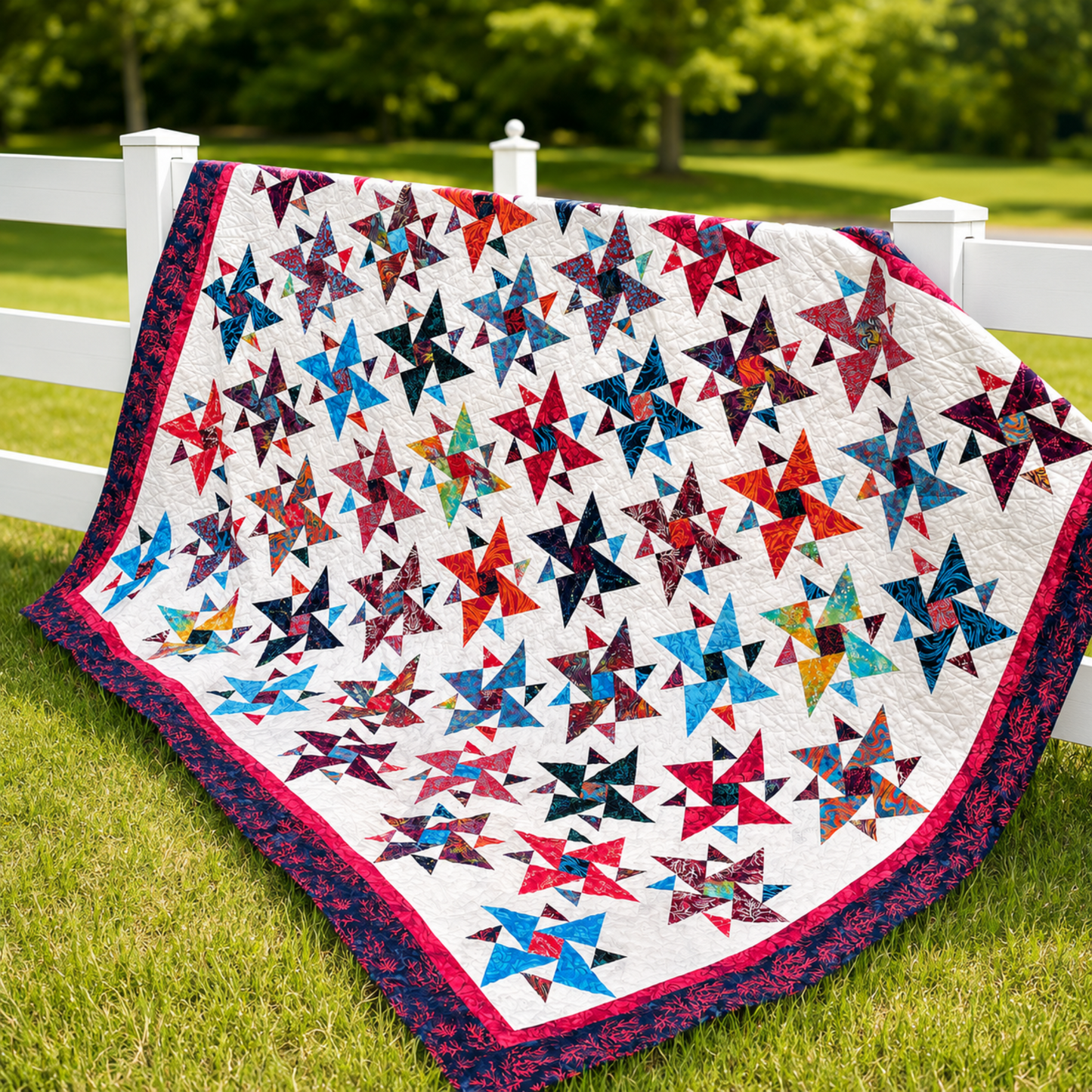 Triangles Galore finished quilt from Studio 180 Design displayed against white fence on green lawn — scrappy spinning triangle blocks in multicolor batiks including red, teal, blue, orange, and purple on white background with raspberry inner border and dark navy floral outer border — full size 82¾″×97″ made with Tucker Trimmer III tool