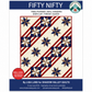 Fifty Nifty quilt pattern cover by Lisa Lund for Shadow Valley Quilts — patriotic Lone Star blocks in navy, tan, and cream on diagonal red and cream striped sashing — advanced beginner skill level — available in table runner, wall hanging, baby/lap, throw, and queen sizes — #FiftyNiftyQuilt