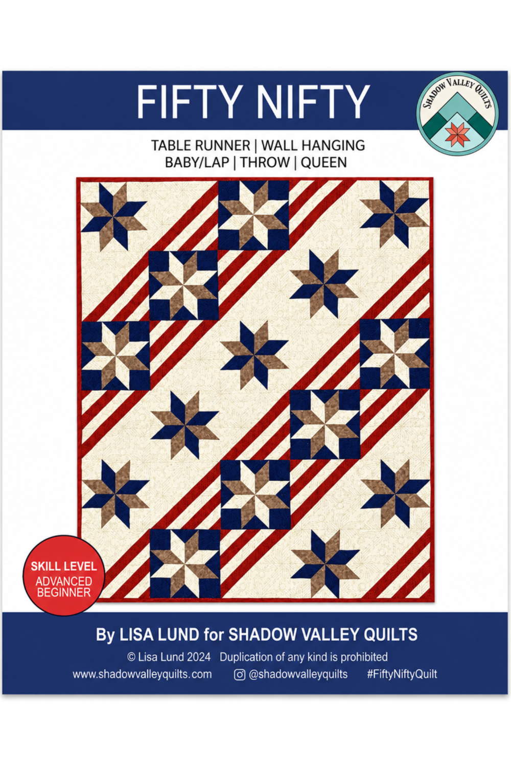Fifty Nifty patriotic quilt pattern by Lisa Lund for Shadow Valley Quilts — Lone Star blocks in navy, tan, and cream on diagonal red and cream striped sashing — advanced beginner skill level — table runner, wall hanging, baby/lap, throw, and queen sizes