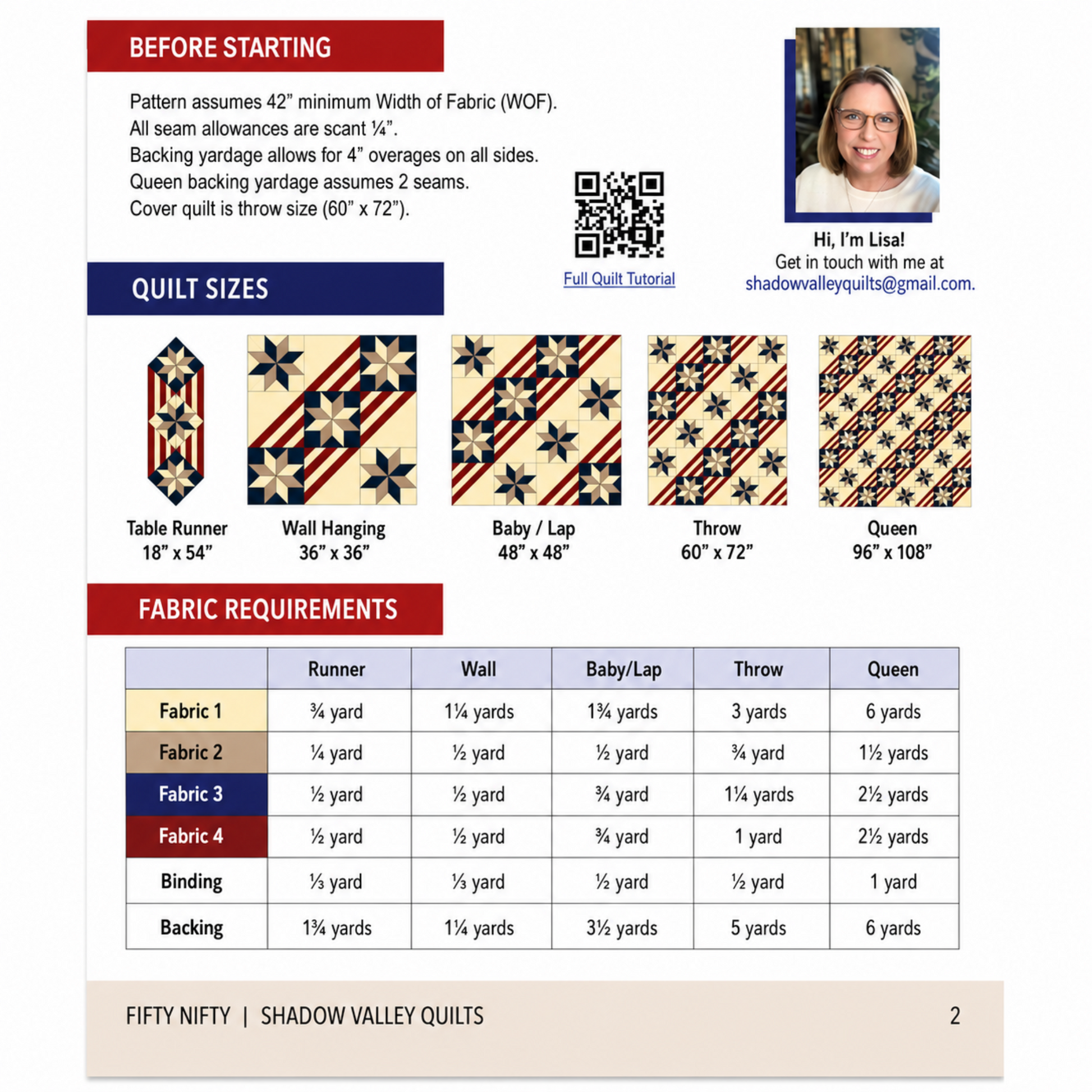 Fifty Nifty quilt pattern back page by Shadow Valley Quilts — all 5 size layouts shown: table runner 18″×54″, wall hanging 36″×36″, baby/lap 48″×48″, throw 60″×72″, and queen 96″×108″ — complete fabric requirements table for 4 fabrics, binding, and backing across all sizes — scant ¼″ seam allowance, 42″ WOF