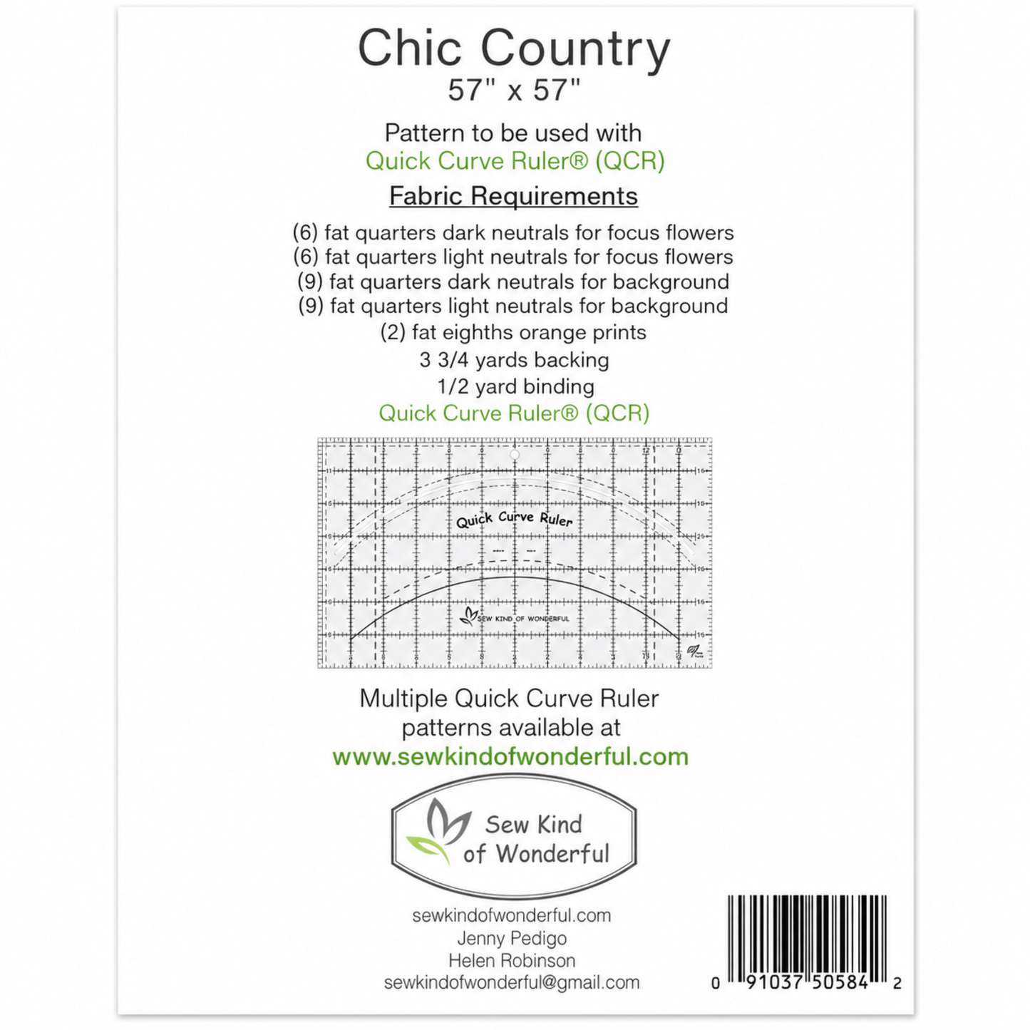 Chic Country quilt pattern back by Sew Kind of Wonderful — 57″×57″ finished size — fabric requirements: 6 fat quarters each dark and light neutrals for focus flowers, 9 fat quarters each dark and light neutrals for background, 2 fat eighths orange prints, 3¾ yards backing, ½ yard binding — requires Quick Curve Ruler (QCR) — by Jenny Pedigo and Helen Robinson