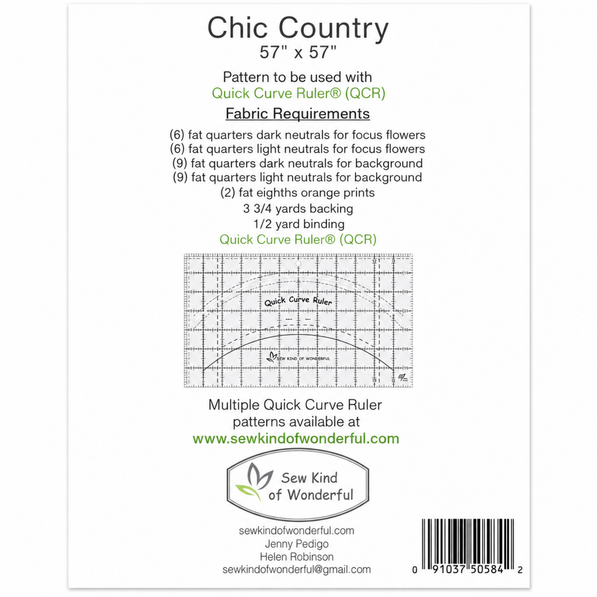 Chic Country quilt pattern back by Sew Kind of Wonderful — 57″×57″ finished size — fabric requirements: 6 fat quarters each dark and light neutrals for focus flowers, 9 fat quarters each dark and light neutrals for background, 2 fat eighths orange prints, 3¾ yards backing, ½ yard binding — requires Quick Curve Ruler (QCR) — by Jenny Pedigo and Helen Robinson
