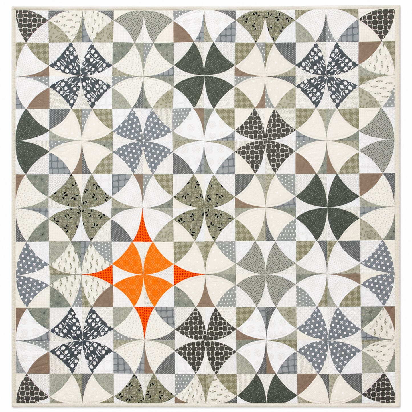 Chic Country quilt layout by Sew Kind of Wonderful — full 57″×57″ flat lay showing scrappy curved pinwheel blocks in gray, taupe, and white low-volume prints with single bold orange accent block at center — modern curved patchwork design using Quick Curve Ruler (QCR) — fat quarter friendly