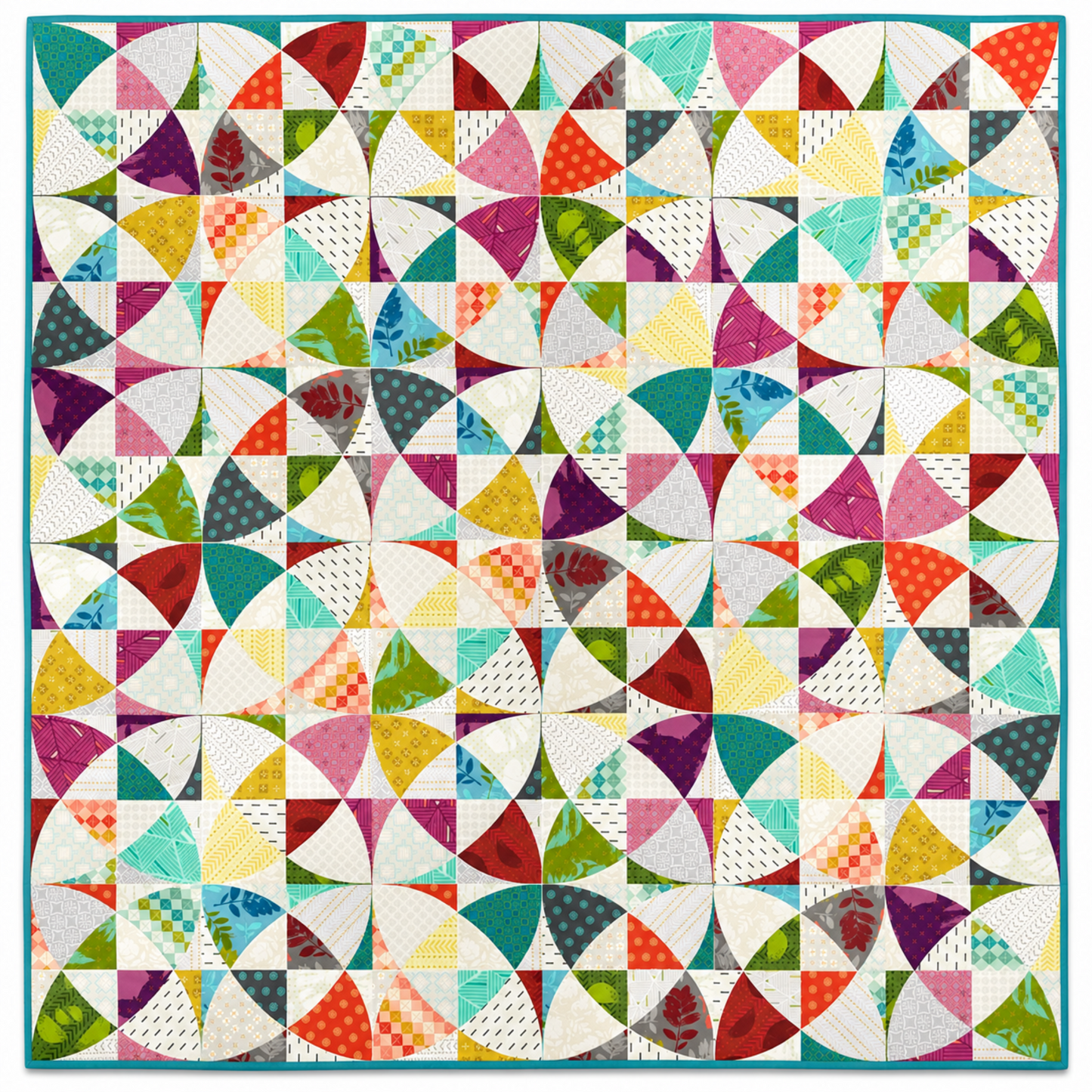 Chic Country alternate colorway quilt layout by Sew Kind of Wonderful — full 57″×57″ flat lay showing scrappy curved pinwheel blocks in vibrant multicolor prints including teal, magenta, red, orange, yellow, green, and purple on white background with teal binding — bold scrappy version using Quick Curve Ruler (QCR) — fat quarter friendly