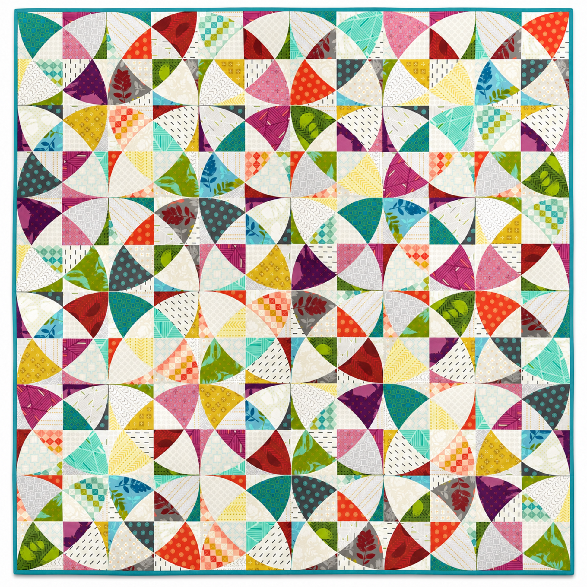 Chic Country alternate colorway quilt layout by Sew Kind of Wonderful — full 57″×57″ flat lay showing scrappy curved pinwheel blocks in vibrant multicolor prints including teal, magenta, red, orange, yellow, green, and purple on white background with teal binding — bold scrappy version using Quick Curve Ruler (QCR) — fat quarter friendly