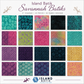 Island Batik Savannah Batiks fabric swatch grid showing 20 coordinating 5" charm square designs in teal, navy, pink, magenta, lime, purple, black, and gold hand-dyed batik prints