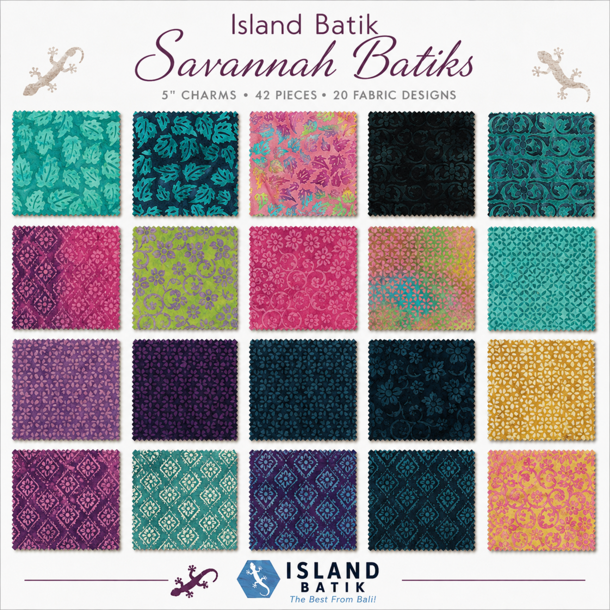 Island Batik Savannah Batiks fabric swatch grid showing 20 coordinating 5" charm square designs in teal, navy, pink, magenta, lime, purple, black, and gold hand-dyed batik prints