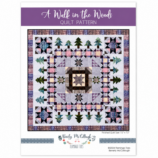 A Walk in the Woods Quilt Pattern cover by Beverly McCullough for Flamingo Toes — churn dash, star, and tree blocks in Expressions Batiks by Riley Blake Designs — 72" × 72" finished size