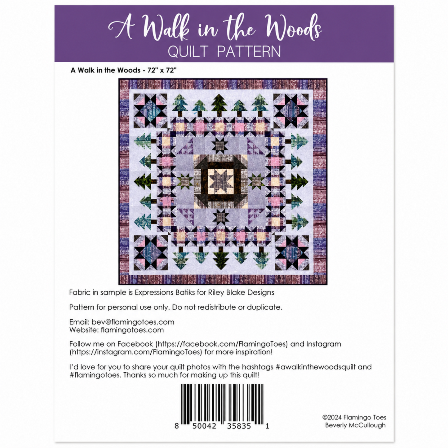 Back of A Walk in the Woods Quilt Pattern by Beverly McCullough for Flamingo Toes — fabric requirements, barcode, and quilt layout detail — 72" × 72" finished size