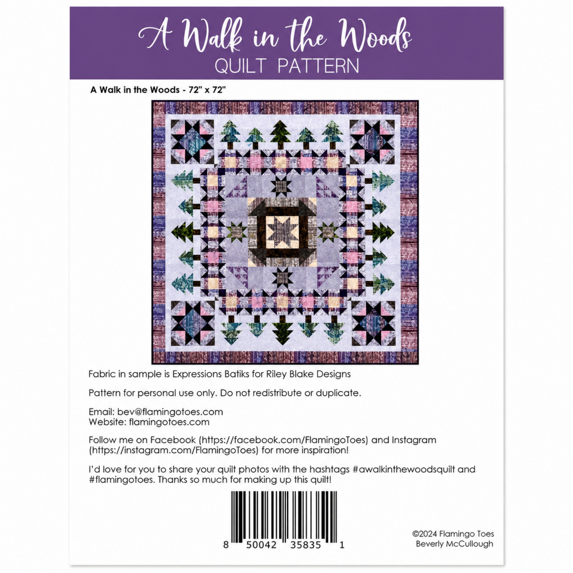 Back of A Walk in the Woods Quilt Pattern by Beverly McCullough for Flamingo Toes — fabric requirements, barcode, and quilt layout detail — 72" × 72" finished size