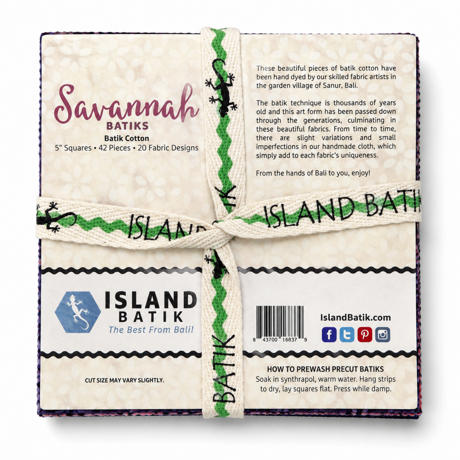 Back label of Island Batik Savannah Batiks Charm Pack showing 42 pieces, 20 fabric designs, 5" squares, 100% batik cotton, handcrafted in Bali