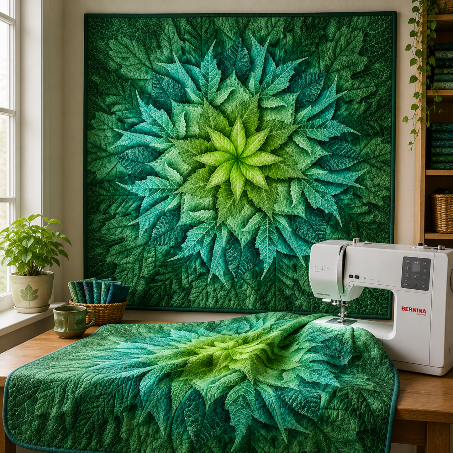 Dream Big Leaf Mint Quilt Panel by Jeanie Sumrall-Ajero for Hoffman Fabrics — displayed as a finished wall quilt and draped over a quilting table next to a Bernina sewing machine — mint, teal, and deep green leaf mandala — green plant, wicker basket with fabric, mug, and fabric shelf with trailing ivy