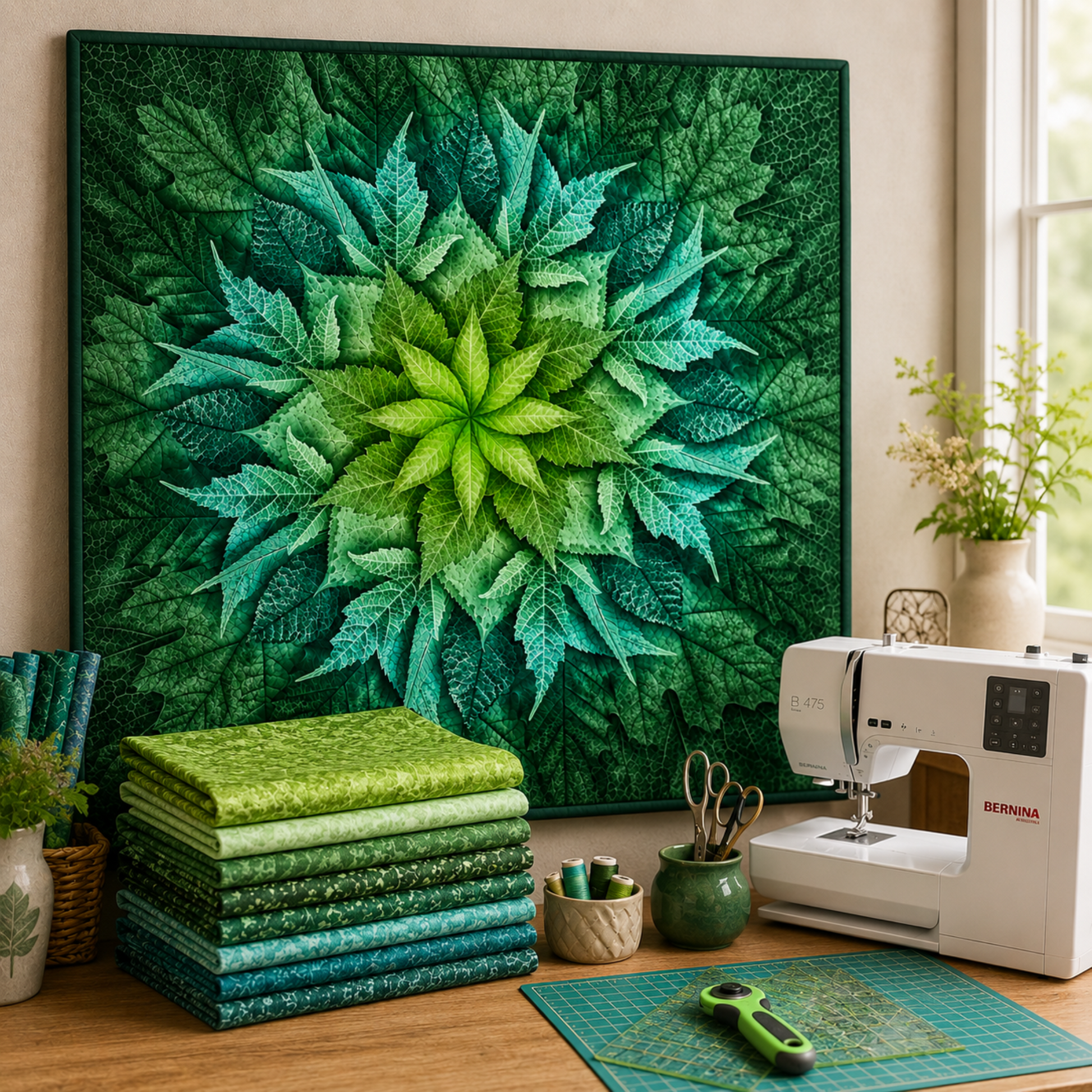 Dream Big Leaf Mint Quilt Panel by Jeanie Sumrall-Ajero for Hoffman Fabrics — leaning against a wall as a finished quilt in a bright quilting studio — mint, teal, and deep green leaf mandala — Bernina sewing machine, stacked green and teal fat quarters, thread spools, scissors, rotary cutter, cutting mat, wicker basket, and white floral arrangement
