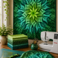 Dream Big Leaf Mint Quilt Panel by Jeanie Sumrall-Ajero for Hoffman Fabrics — hung as a wall quilt in a sunlit quilting studio — mint, teal, and deep green leaf mandala — Bernina sewing machine, stacked green and teal fat quarters, scissors in a green mug, rotary cutter, cutting mat, and finished quilt draped on table — trailing ivy by the window — available at IraRobi Quilts
