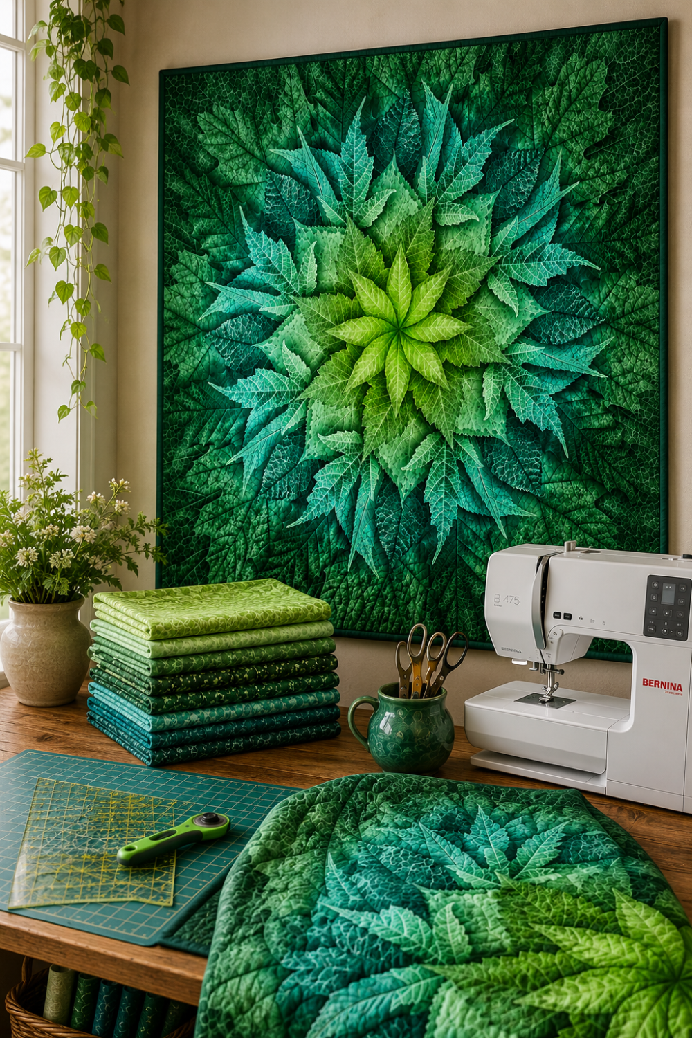 Dream Big Leaf Mint Quilt Panel by Jeanie Sumrall-Ajero for Hoffman Fabrics — hung as a wall quilt in a sunlit quilting studio — mint, teal, and deep green leaf mandala — Bernina sewing machine, stacked green and teal fat quarters, scissors in a green mug, rotary cutter, cutting mat, and finished quilt draped on table — trailing ivy by the window — available at IraRobi Quilts