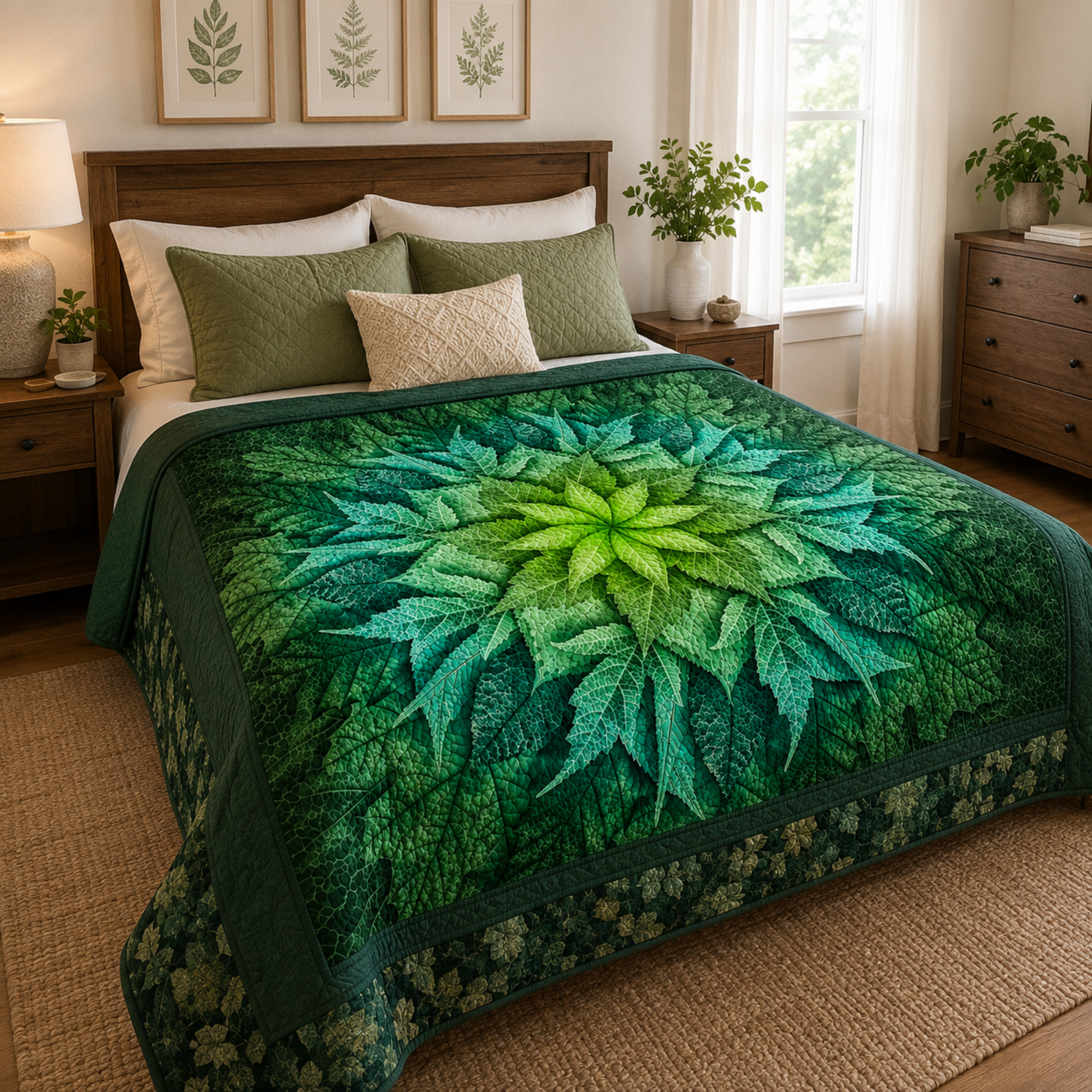 Dream Big Leaf Mint Quilt Panel by Jeanie Sumrall-Ajero for Hoffman Fabrics — displayed as a finished quilt draped over a wooden bed with sage green and cream pillows — mint, teal, and deep green leaf mandala — botanical prints on wall, plants, and warm wood dresser