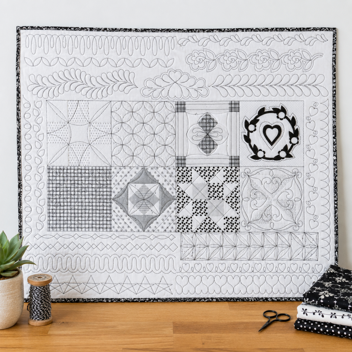 Machine Quilting Skillbuilder Panel I by Renae Allen — black and white quilting design reference panel featuring 8 fabric blocks with various piecing techniques, surrounded by rows of free-motion quilting pattern samples including feathers, loops, hearts, and stippling — displayed with scissors, thread spools, and black and white fabric