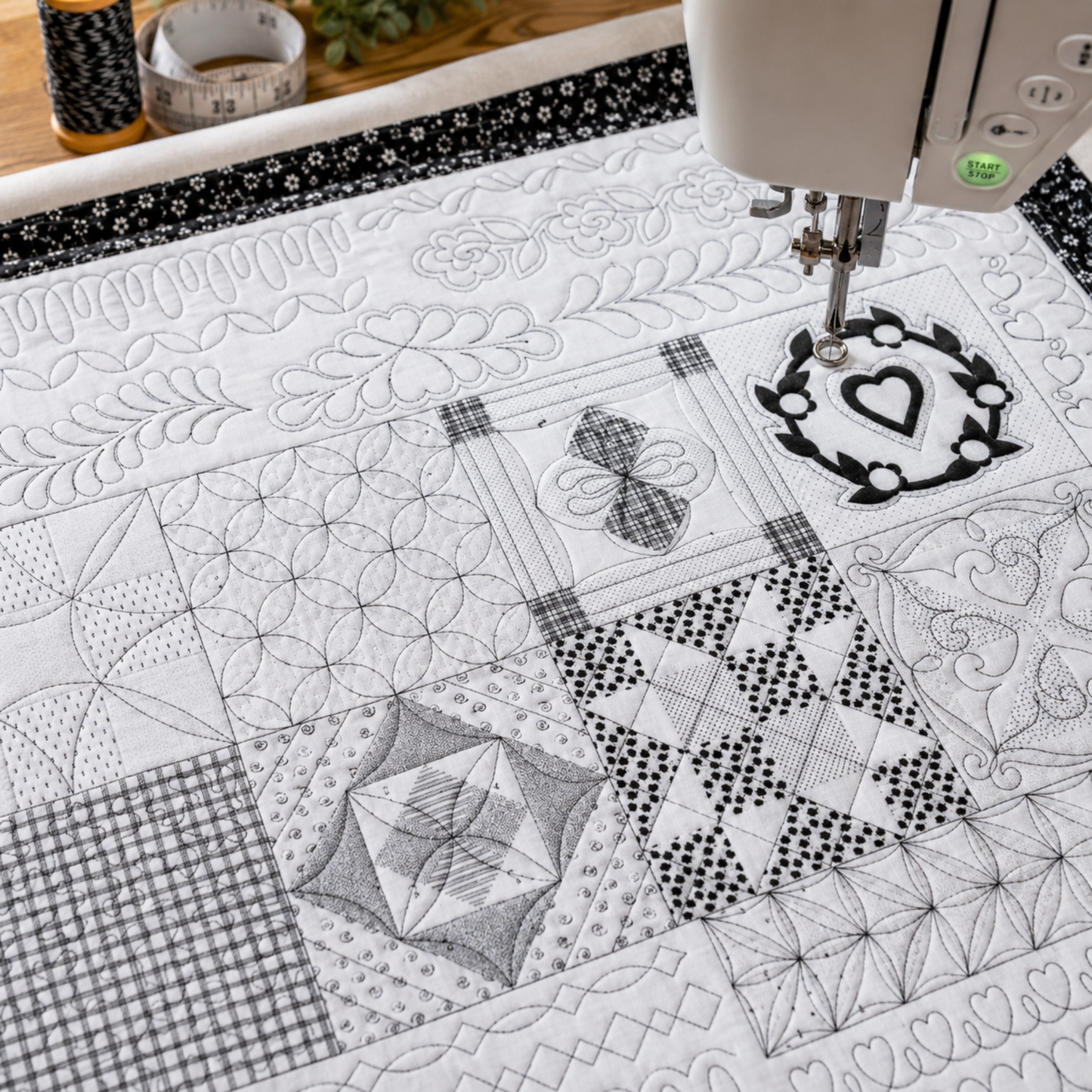 Close-up of Machine Quilting Skillbuilder Panel I by Renae Allen being free-motion quilted on a sewing machine — black and white fabric blocks with piecing techniques including cathedral windows, appliqué heart wreath, and nine-patch — feather and floral free-motion quilting patterns visible in the borders