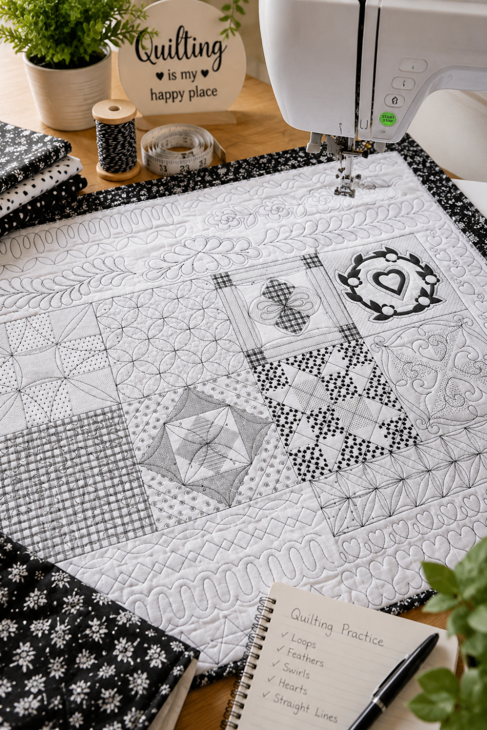 Machine Quilting Skillbuilder Panel I by Renae Allen on a sewing machine in a cozy quilting studio — black and white free-motion quilting practice panel with feathers, loops, hearts, and swirls — "Quilting is my happy place" sign, notebook with quilting practice checklist, black and white fabrics, thread, and measuring tape — available at IraRobi Quilts