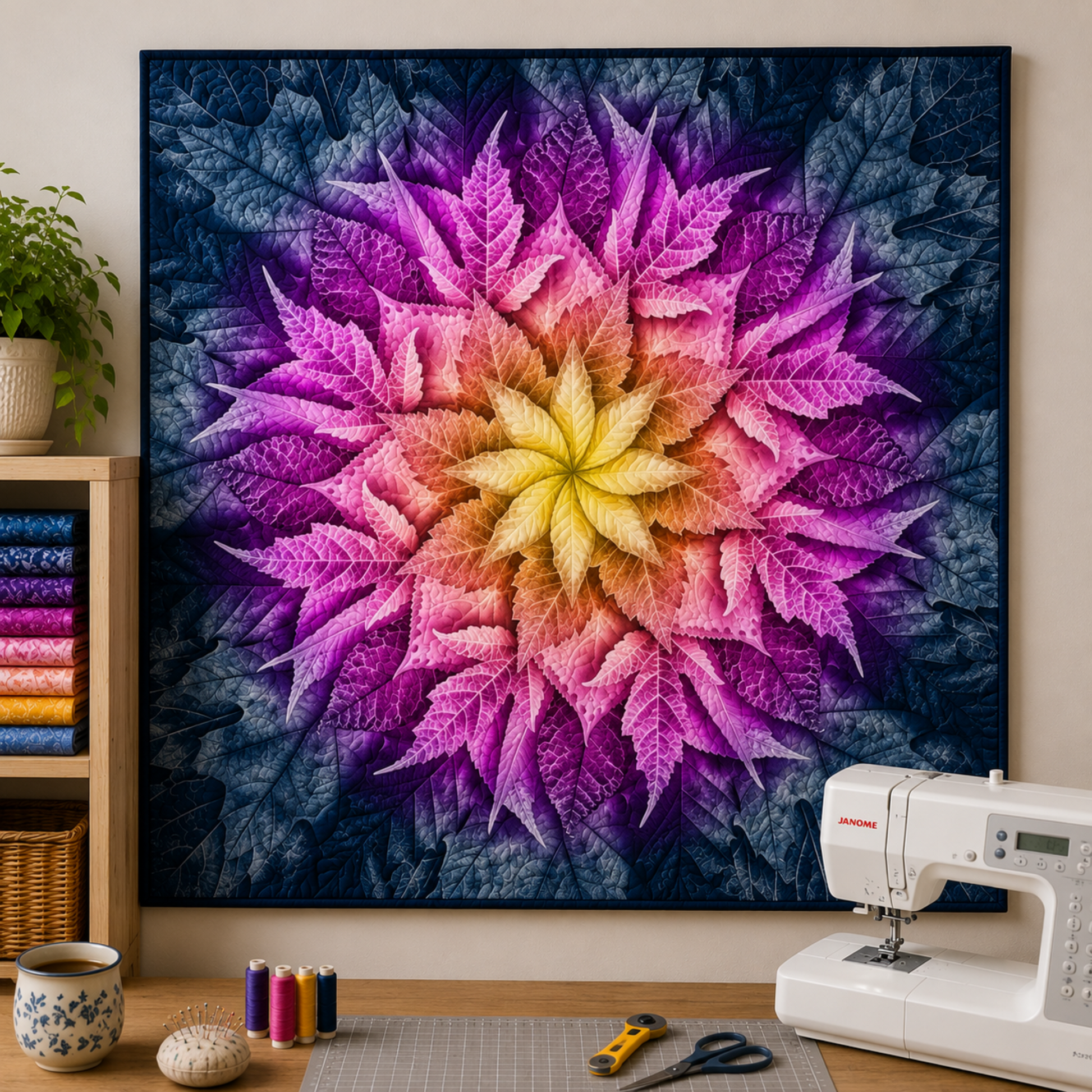 Dream Big Leaf Paradise Quilt Panel by Jeanie Sumrall-Ajero for Hoffman Fabrics — displayed as a wall quilt above a quilting workspace — vibrant pink, purple, orange, and yellow leaf mandala on navy — Janome sewing machine, green plant, cutting mat, scissors, and thread spools on wooden table
