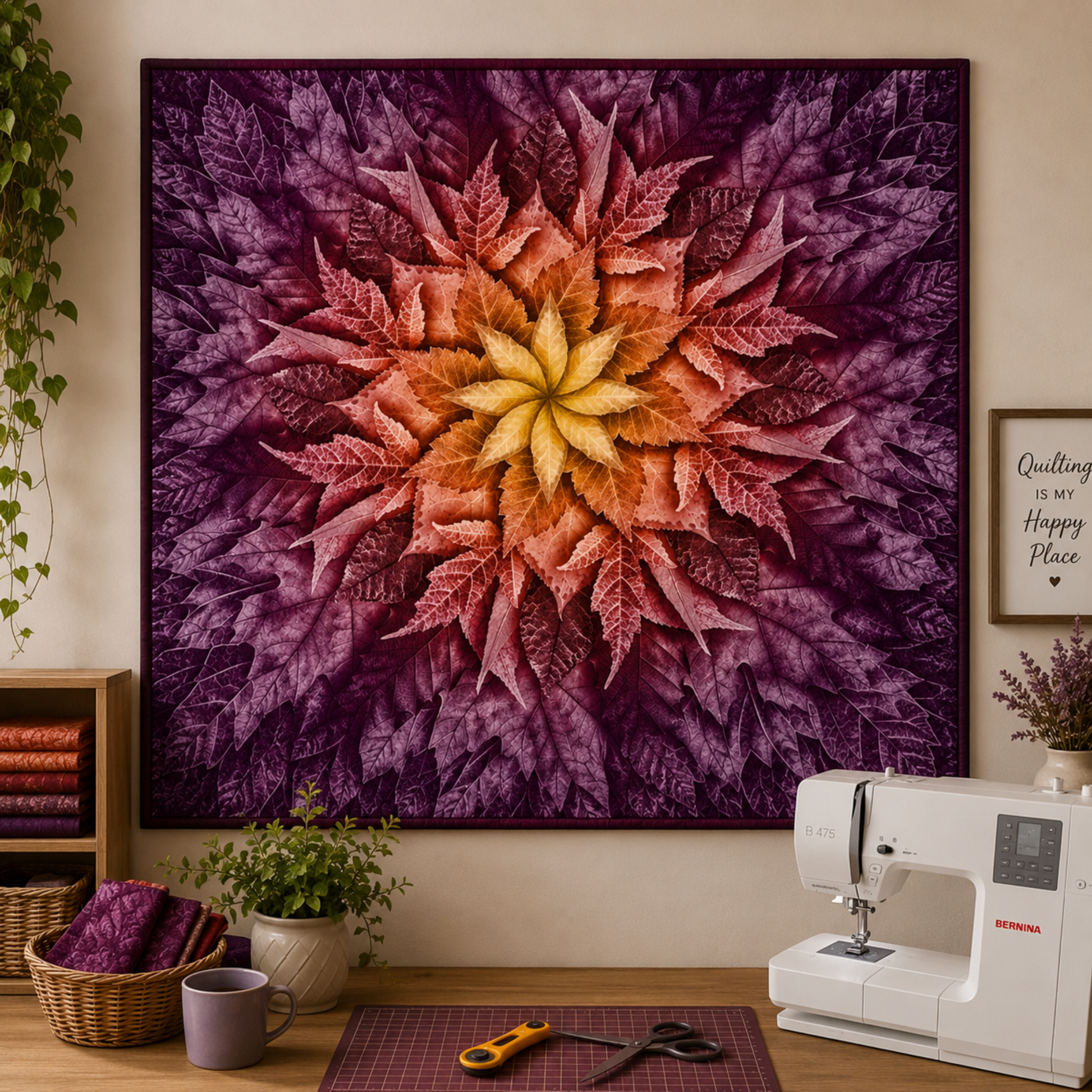 Dream Big Leaf Mulberry Quilt Panel by Jeanie Sumrall-Ajero for Hoffman Fabrics — displayed as a wall quilt in a warm quilting studio — deep purple and burgundy leaf mandala with orange and gold center — Bernina sewing machine, wicker basket with purple fabrics, green plant, mug, scissors, and "Quilting is my Happy Place" sign