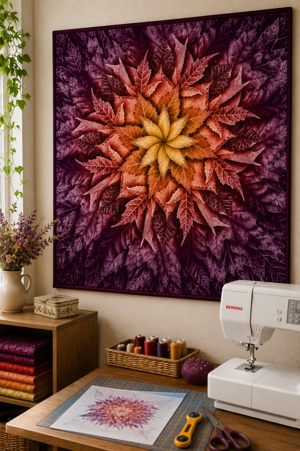 Dream Big Leaf Mulberry Quilt Panel by Jeanie Sumrall-Ajero for Hoffman Fabrics — hung as a wall quilt in a cozy quilting studio — deep purple and burgundy leaf mandala with orange and gold center — Bernina sewing machine, stacked warm-toned fabrics, dried botanicals, and cutting mat below — available at IraRobi Quilts