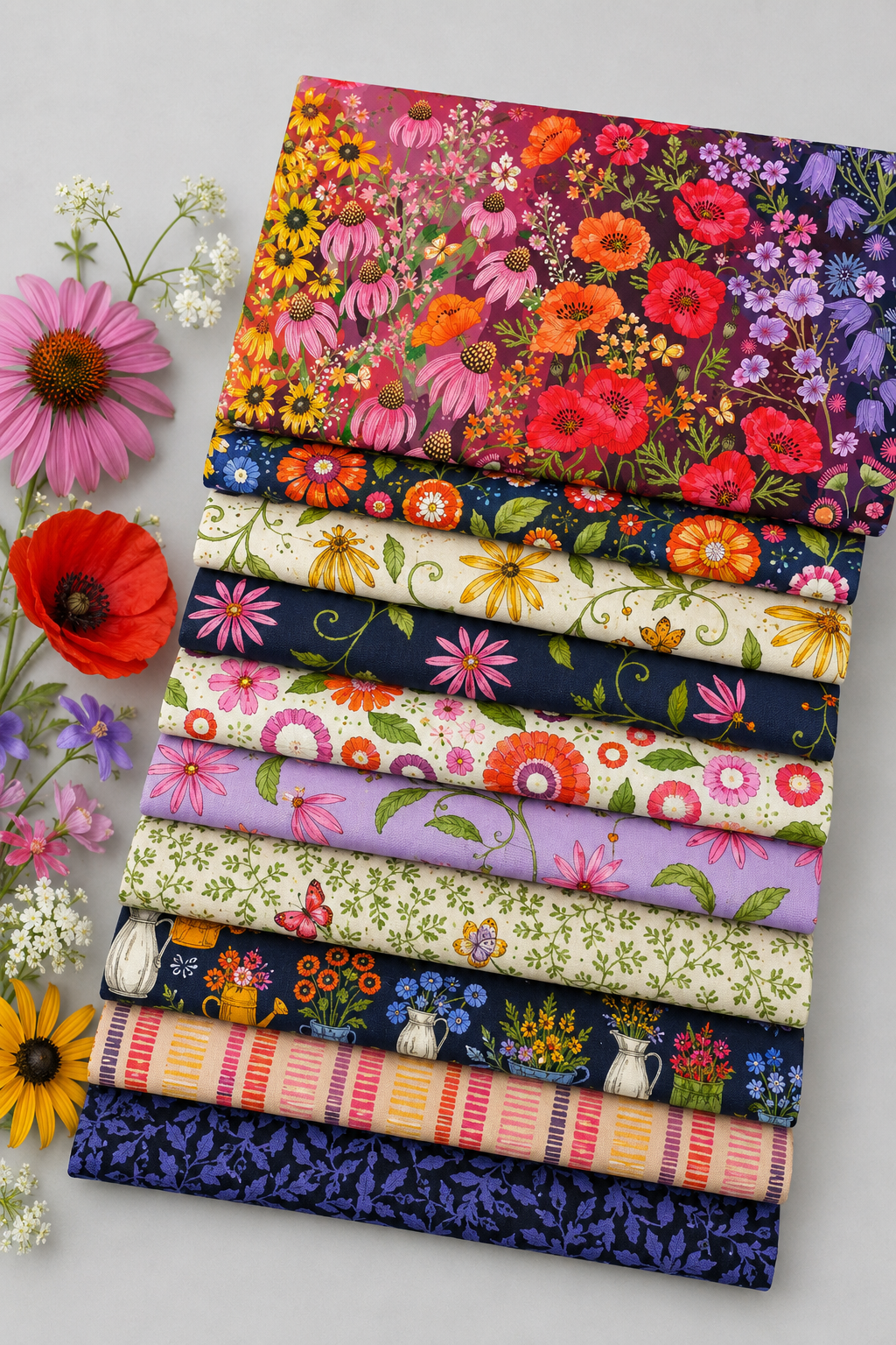 Superbloom quilting fabric collection by Robin Pickens for Moda Fabrics — coordinating prints stacked and fanned with fresh coneflowers, red poppies, and wildflowers — Jewel ombré rainbow floral on top with coordinating Superbloom prints in navy, cream, lavender, and indigo — available at IraRobi Quilts
