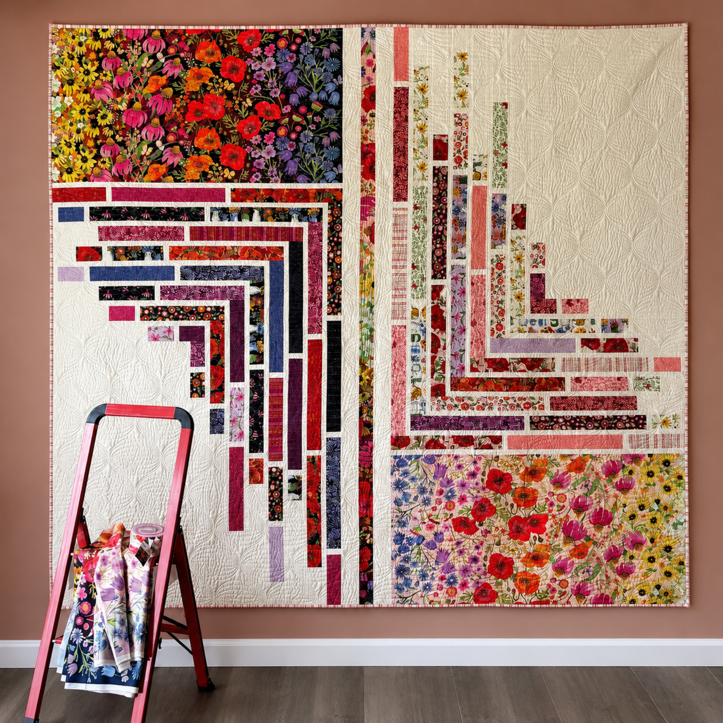 Turn Signal quilt pattern by Robin Pickens featuring Superbloom fabric collection by Robin Pickens for Moda Fabrics — modern strip quilt with Superbloom Jewel ombré floral panels and coordinating Superbloom prints in cream, navy, burgundy, and jewel tones on cream background — Turn Signal pattern available at IraRobi Quilts