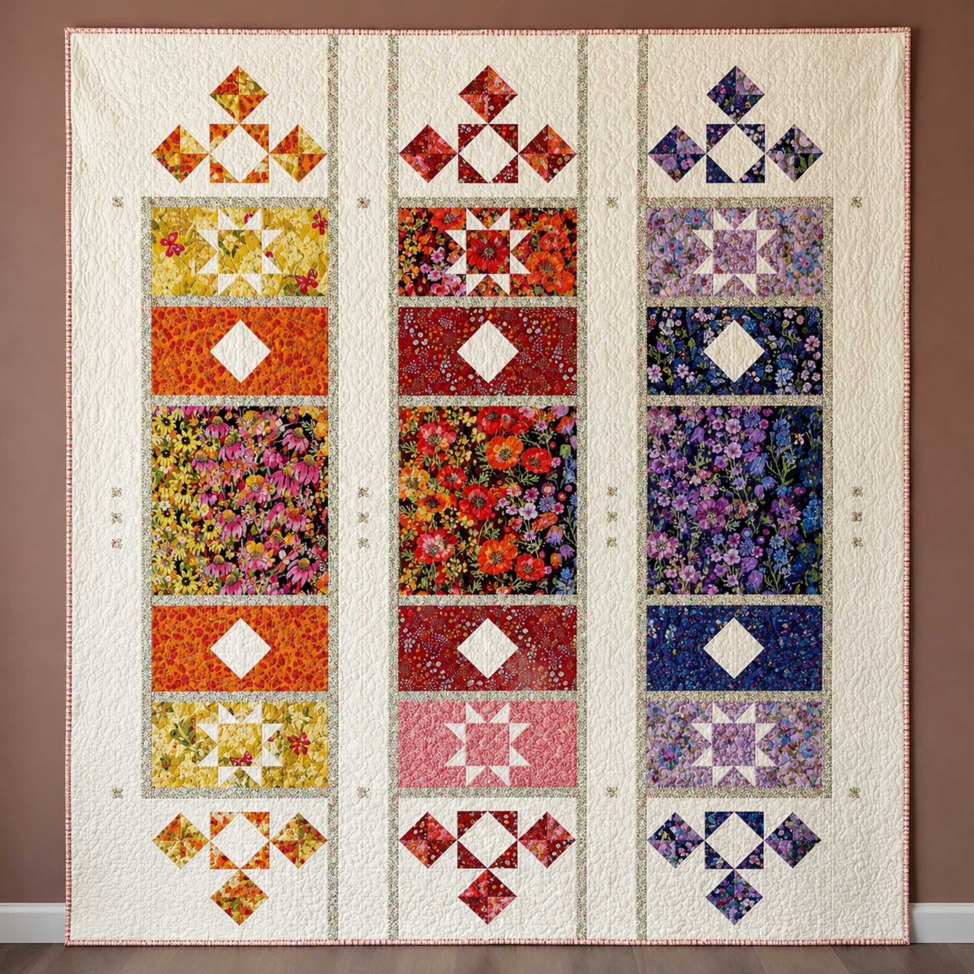 Joyful Trio quilt pattern by Robin Pickens featuring Superbloom fabric collection by Robin Pickens for Moda Fabrics — three-column medallion quilt with pinwheel blocks and framed floral panels in warm orange, jewel red, and cool purple colorways using Superbloom prints on cream background — Joyful Trio pattern available at IraRobi Quilts