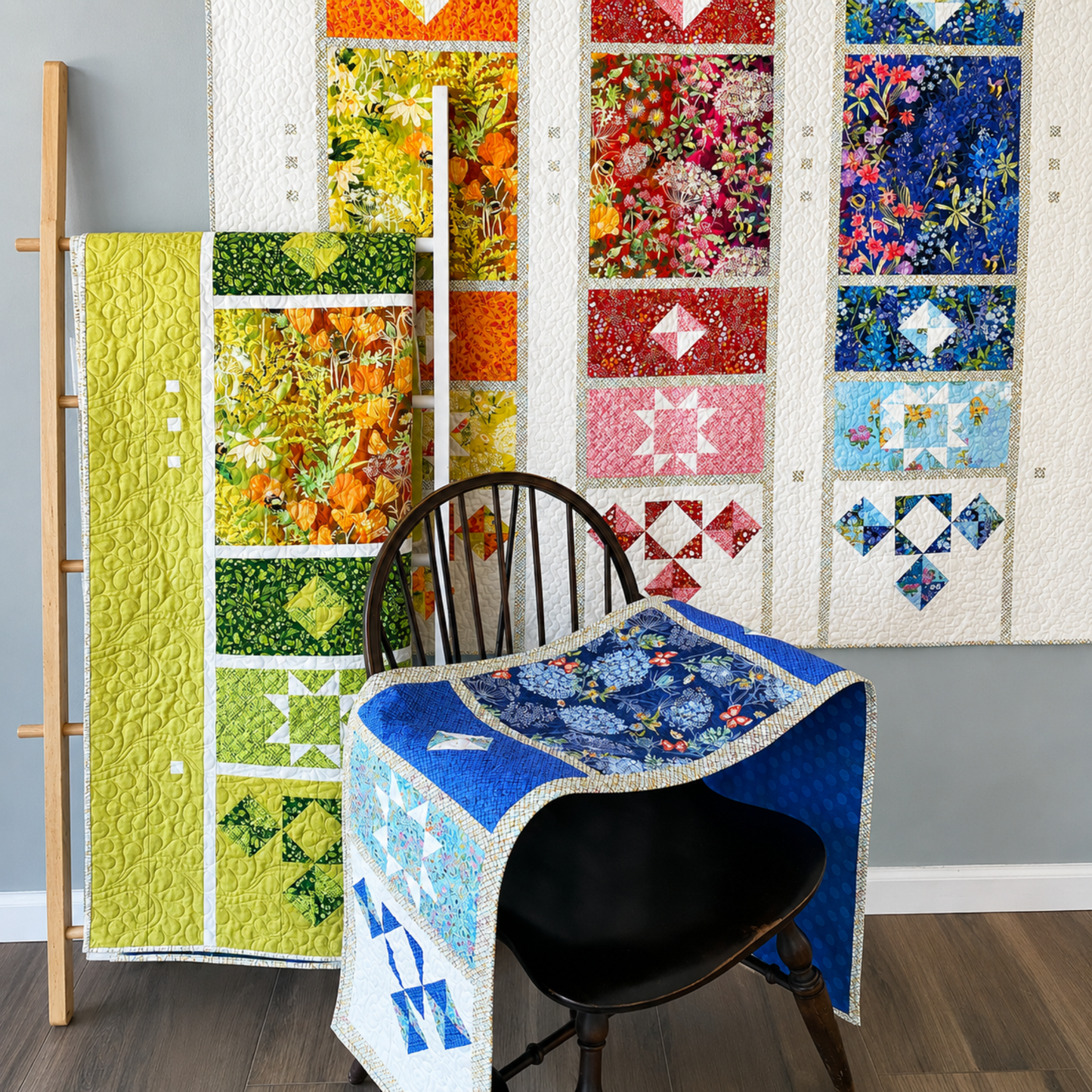 Joyful Trio quilt pattern by Robin Pickens made with Wild Blossoms Rainbow fabric by Robin Pickens for Moda Fabrics — three quilts displayed in a studio setting: rainbow strip Bar Hop quilt on ladder, large Joyful Trio sampler quilt on wall with medallion blocks in full rainbow colorway from yellow-green through red to cobalt blue with cream sashing, and blue colorway quilt on chair — Joyful Trio and Bar Hop patterns available at IraRobi Quilts