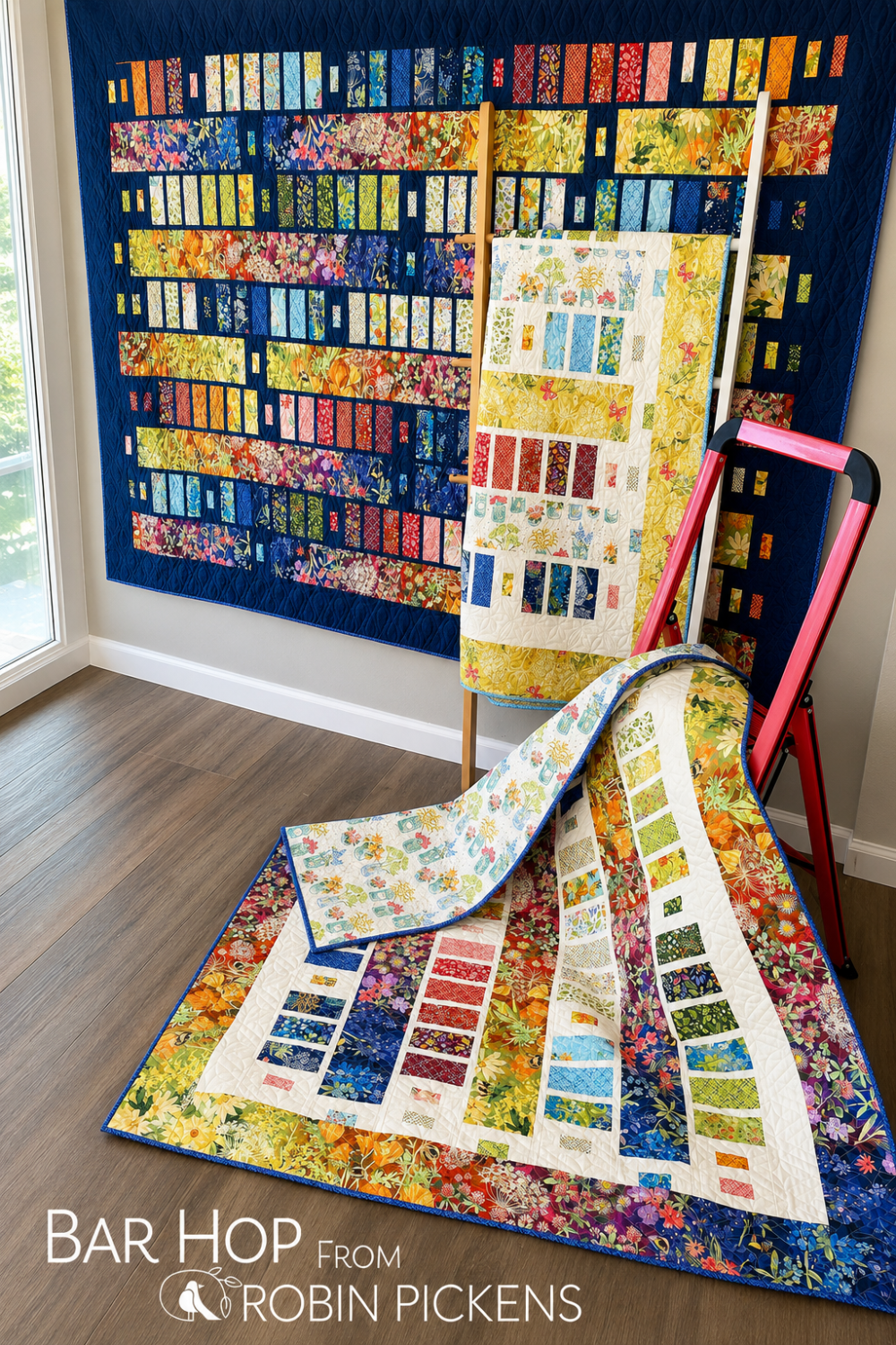 Bar Hop quilt pattern by Robin Pickens made with Wild Blossoms Rainbow fabric by Robin Pickens for Moda Fabrics — two Bar Hop quilts displayed: large rainbow strip quilt on navy blue background wall and smaller version draped on floor showing full rainbow colorway from cobalt blue through purple, red, orange, yellow-green wildflower prints with cream sashing — Bar Hop pattern available at IraRobi Quilts
