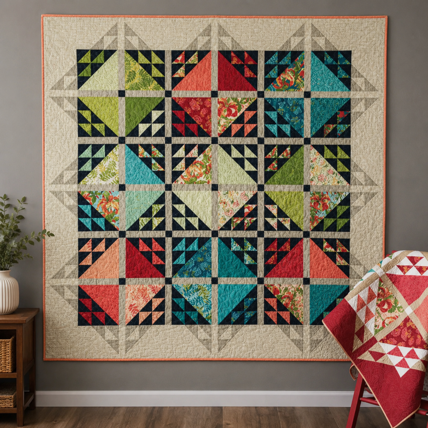 Dotty Thatched Washed Linen fabric used as background and sashing in the Emilia quilt pattern by Robin Pickens – colorful half-square triangle wall quilt showcasing cream dot texture blender by Robin Pickens for Moda Fabrics – Emilia pattern available at IraRobi Quilts