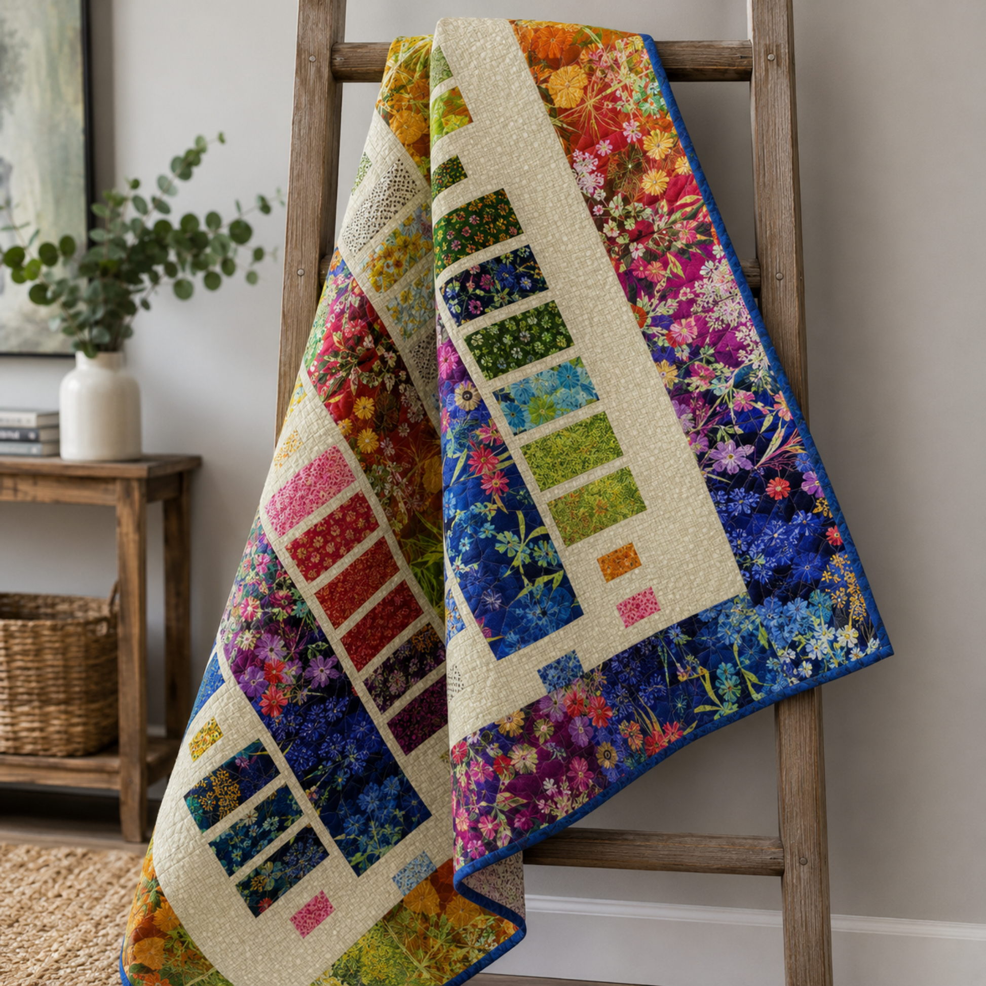 Dotty Thatched Washed Linen fabric used as cream sashing in a rainbow colorwash Bar Hop quilt by Robin Pickens draped over a wooden ladder – low-volume dot texture blender by Robin Pickens for Moda Fabrics