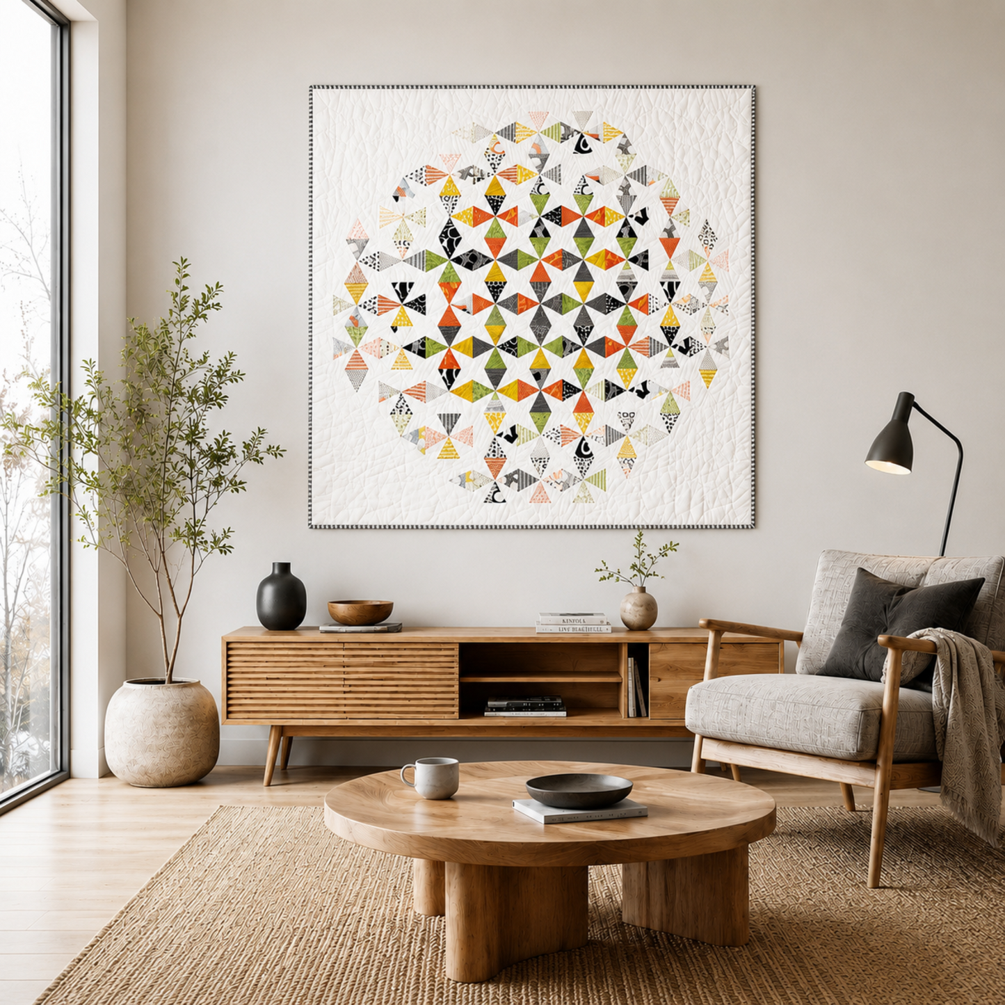 Dissolve quilt pattern by Zen Chic — circular ombré FPP quilt with geometric diamond and triangle fragments fading from bold multicolor center in red, orange, green, gold and black prints to soft whisper-white edges, displayed as wall art in a modern Scandinavian living room — available at IraRobi Quilts