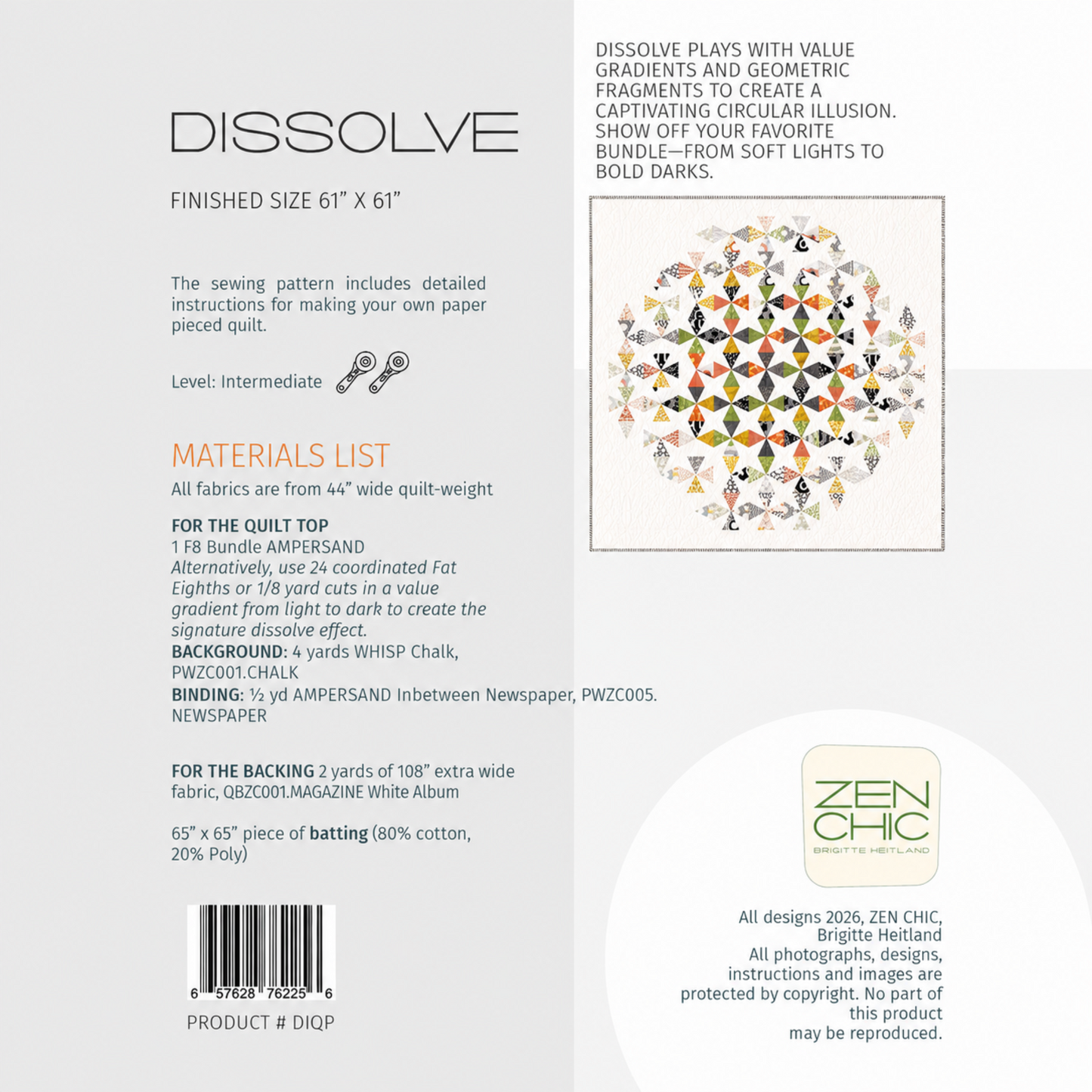 Dissolve quilt pattern back cover by Zen Chic — finished size 61" x 61", foundation paper piecing, intermediate level, materials list with Ampersand F8 bundle and Whisp Chalk background, product number DIQP