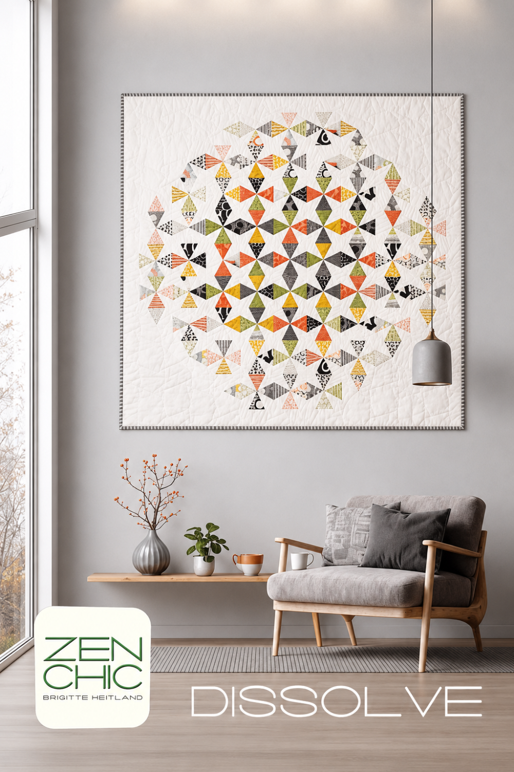Dissolve quilt pattern by Zen Chic Brigitte Heitland — circular ombré foundation paper piecing quilt in multicolor geometric fragments fading from bold center to soft edges, displayed as oversized wall art in a modern Scandinavian living room — Dissolve FPP quilt pattern available at IraRobi Quilts