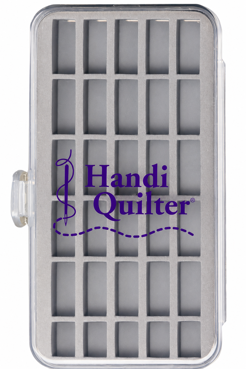 Handi Quilter Bobbin Box — clear-lidded gray plastic storage box with grid compartments holding up to 30 M and L class bobbins, 7 x 3.5 x 1.25 inches, by Handi Quilter Inc.