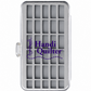 Bobbin Box by Handi Quilter closed front view showing gray grid insert through clear lid with Handi Quilter logo, stores up to 30 M and L class bobbins