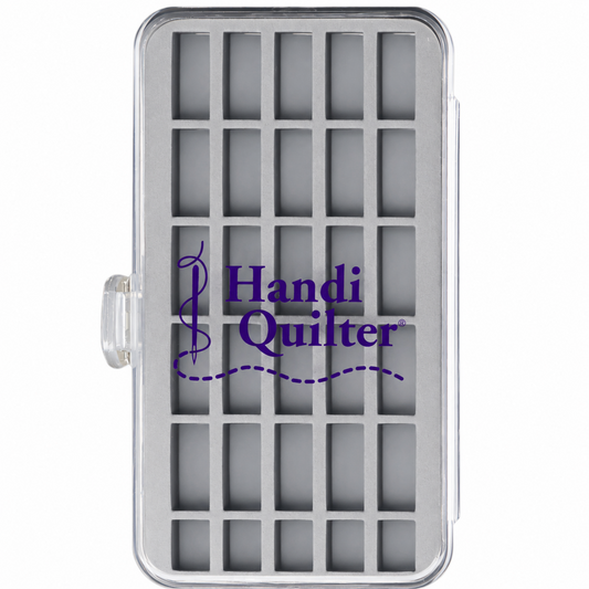 Bobbin Box by Handi Quilter closed front view showing gray grid insert through clear lid with Handi Quilter logo, stores up to 30 M and L class bobbins